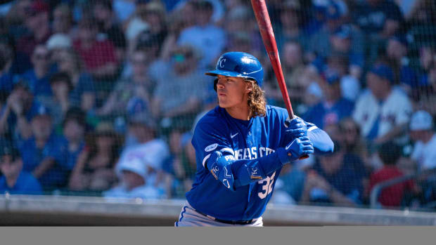 Mar 27, 2022; Mesa, Arizona, USA; Kansas City Royals infielder Nick Pratto (32) at bat in the third inning during a spring training game against the Chicago Cubs at Sloan Park. Mandatory Credit: Allan Henry-USA TODAY Sports